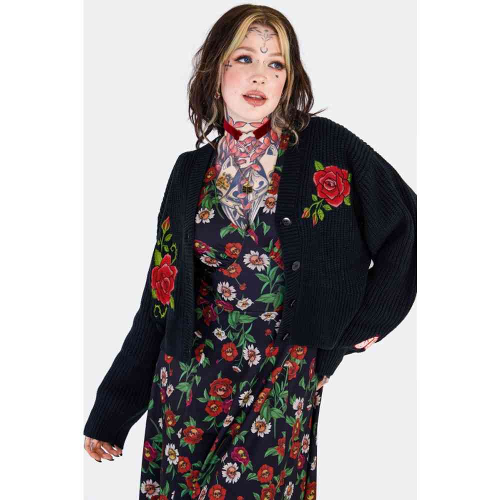 Jawbreaker - Rose Embroidered Oversized Cardigan - Zwart